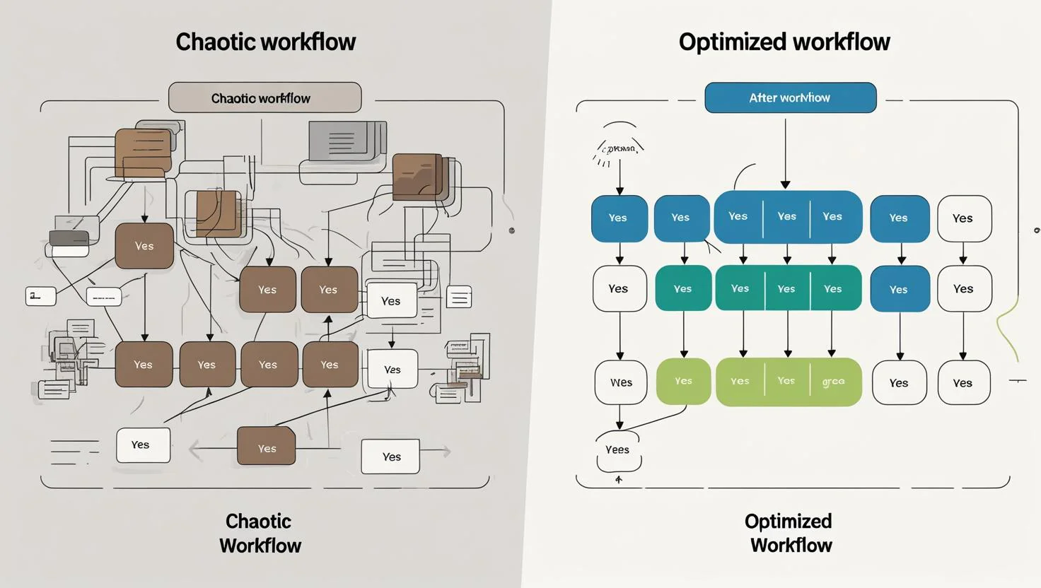 Business process mapping showing optimized workflow vs unorganized processes